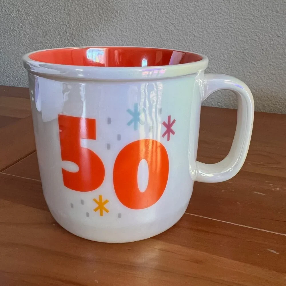 Hallmark 50th Retro Birthday Mug, Pearlescent White and Orange, Coffee Mug